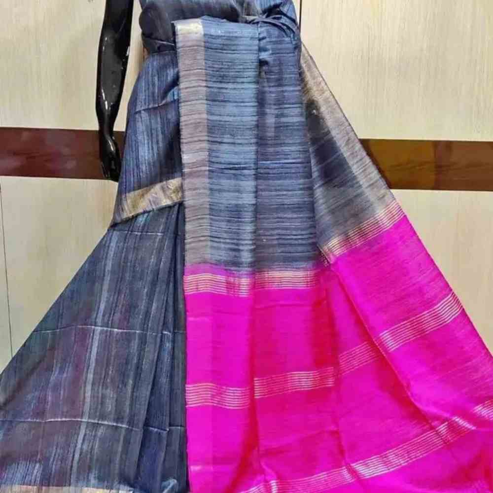 Tussar Ghicha 2-Dye Saree in Grey and Pink